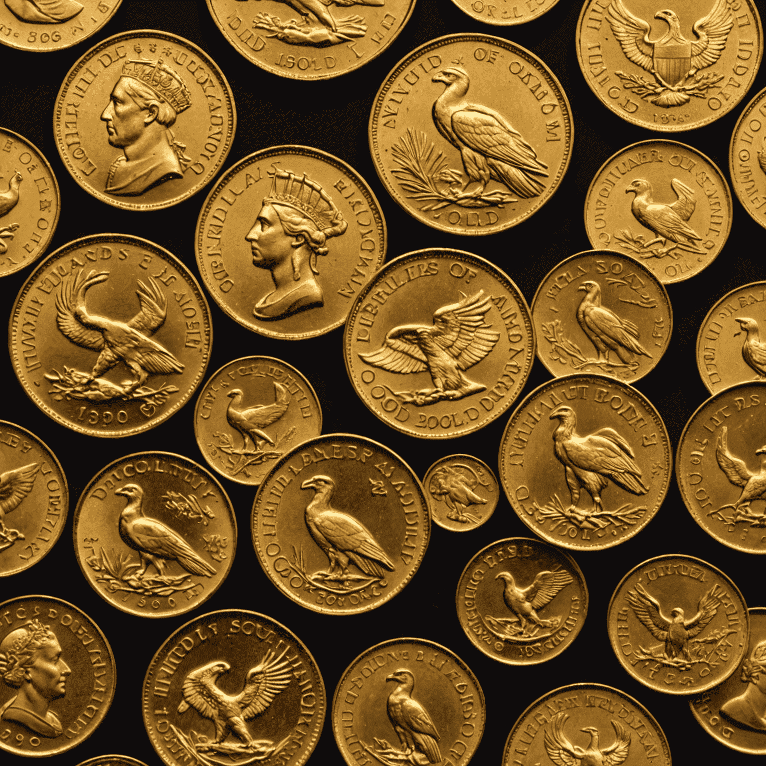 A collection of rare and valuable gold coins, including South African Krugerrands and American Gold Eagles, showcasing their beauty and investment potential.