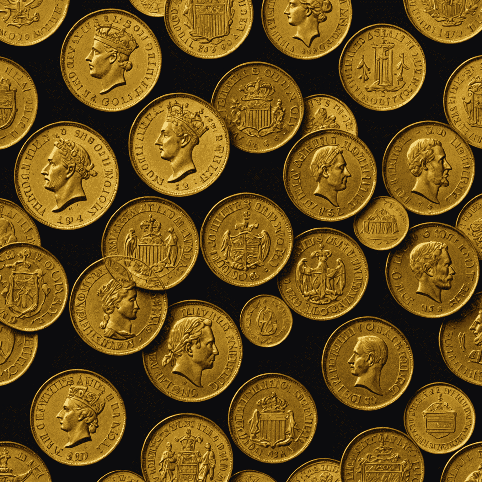 A collection of rare and valuable gold coins from various historical eras and countries, showcasing their unique designs, mint marks, and physical conditions.