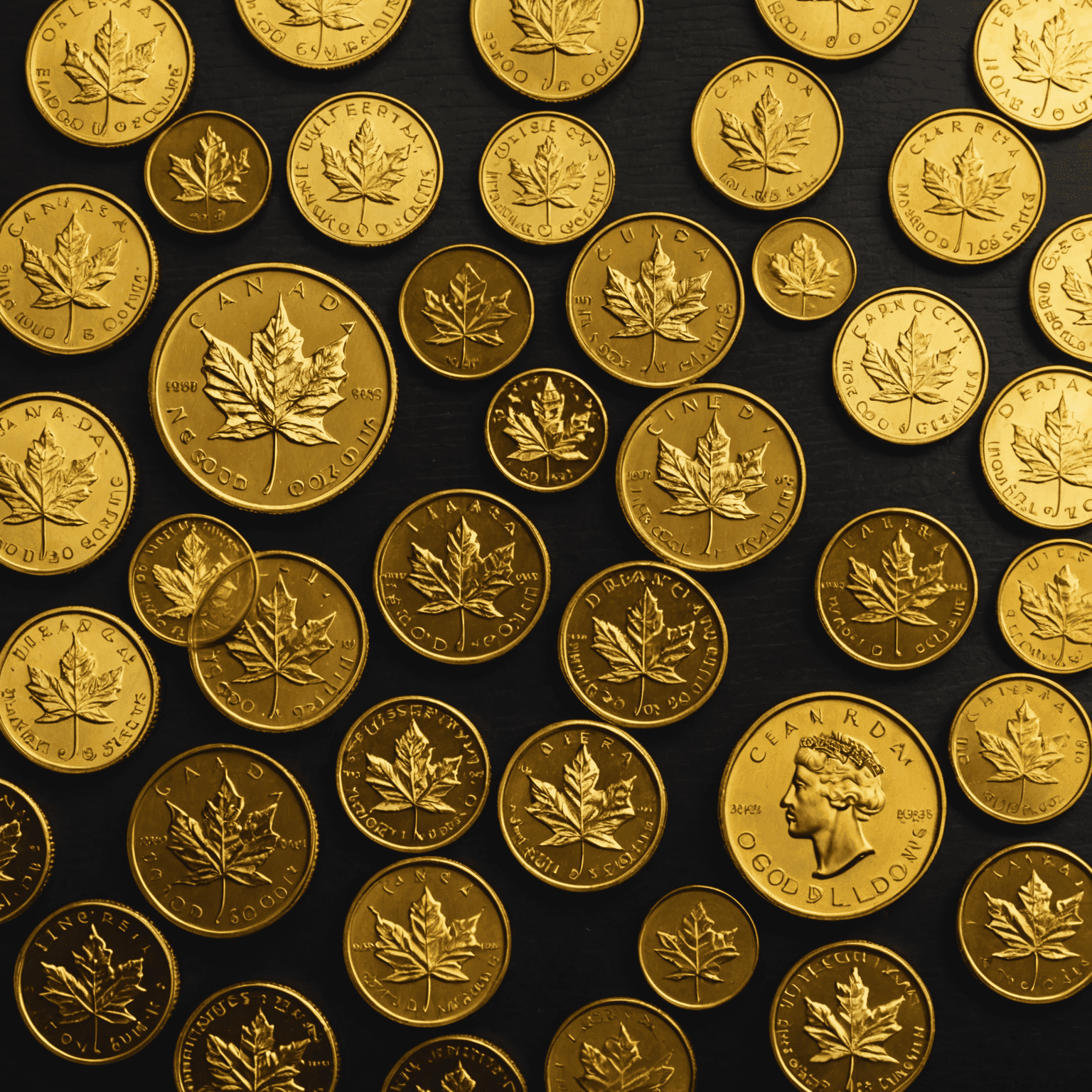 A collection of various gold coins, including American Gold Eagles, Canadian Gold Maple Leafs, and South African Krugerrands, displayed on a dark wooden surface. The coins are arranged to showcase the diversity and beauty of gold bullion coins as an investment option.