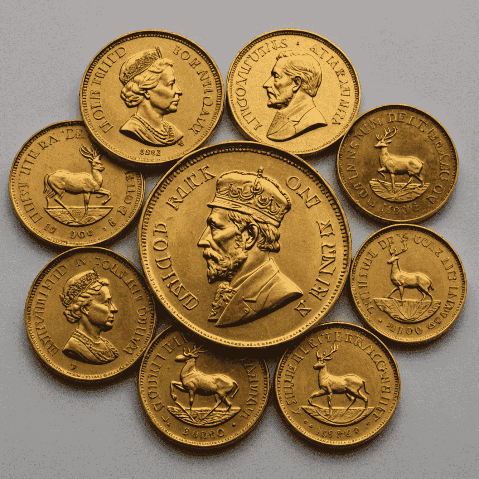 A collection of historic South African gold coins, including Krugerrands, depicting the country's rich mining heritage and economic development