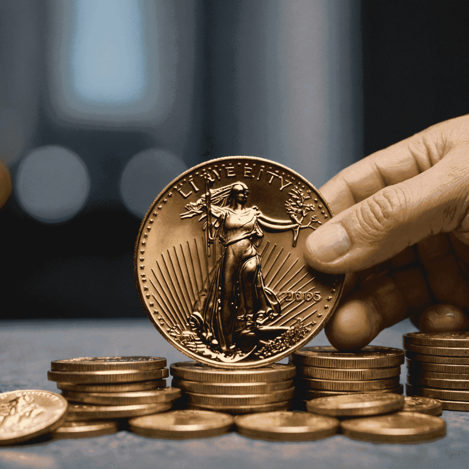 A close-up view of a hand holding an American Gold Eagle coin, with a stack of additional gold coins in the background. The image emphasizes the importance of selecting the right gold coins for your investment portfolio.