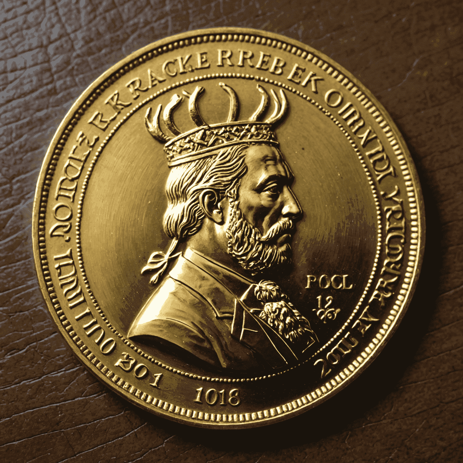 A close-up of a gold Krugerrand coin, showcasing the intricate design featuring Paul Kruger's profile and the springbok antelope