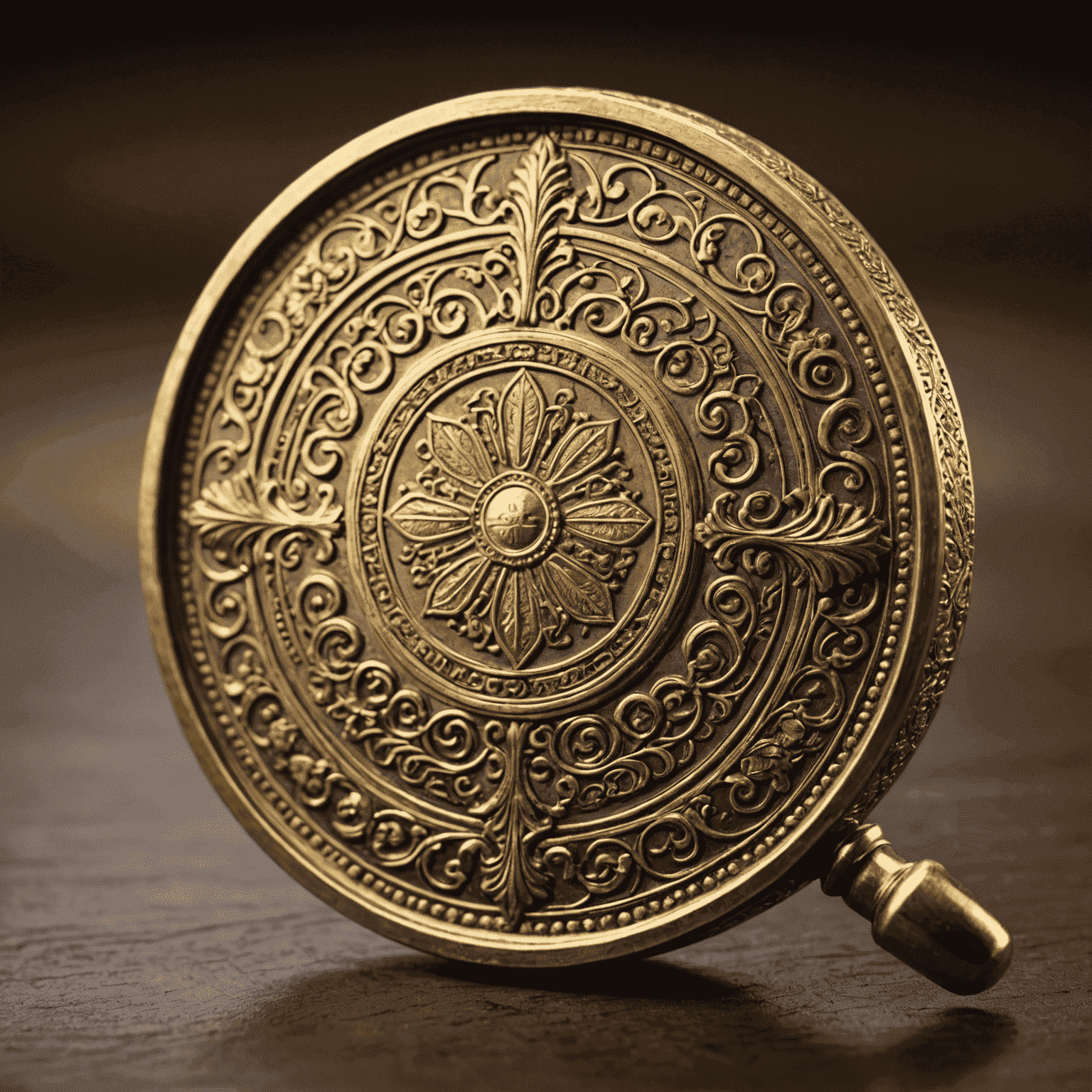 A magnifying glass examining a rare, antique gold coin with intricate designs