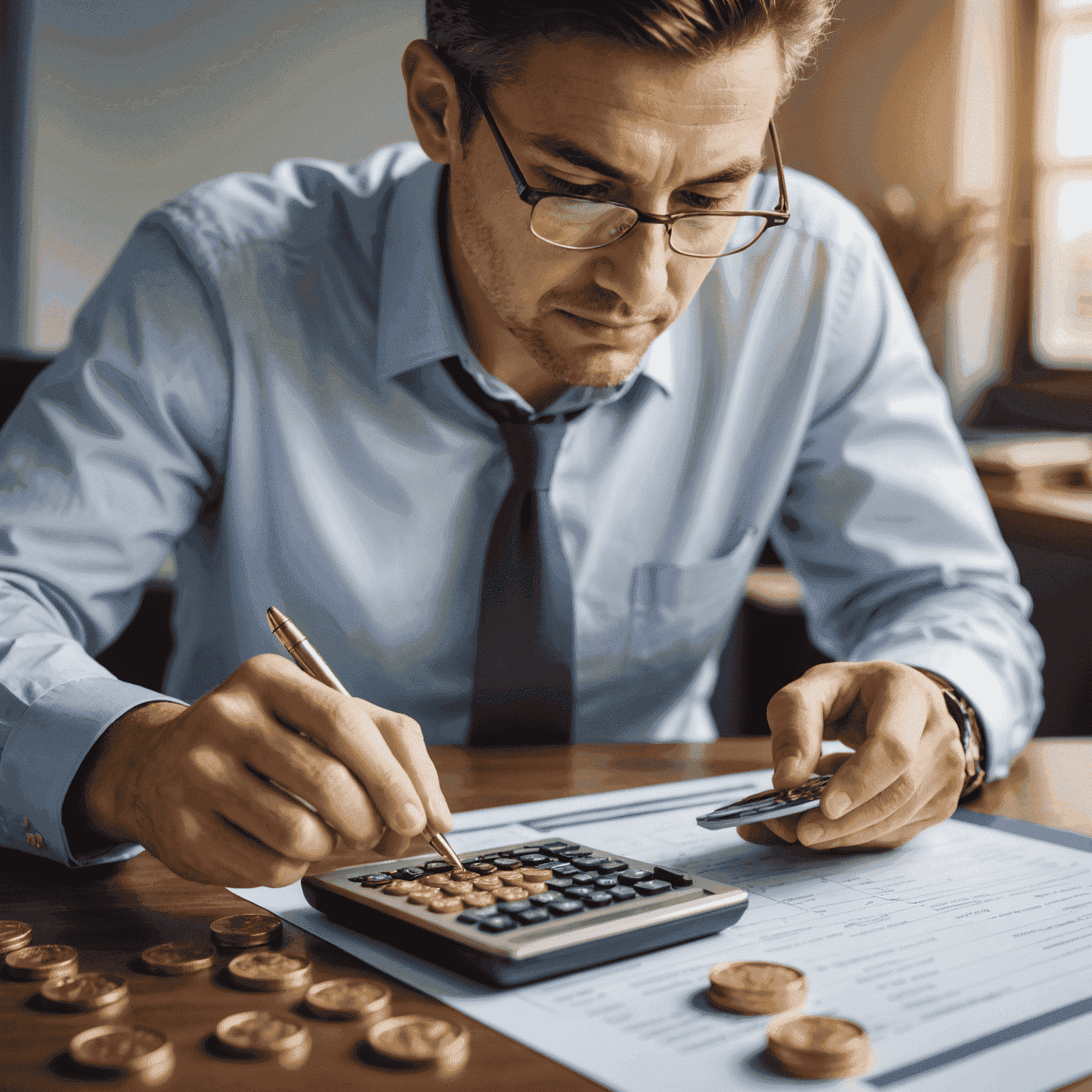 A beginner investor examining gold coins and considering investment strategies, with a calculator and financial documents in the background.