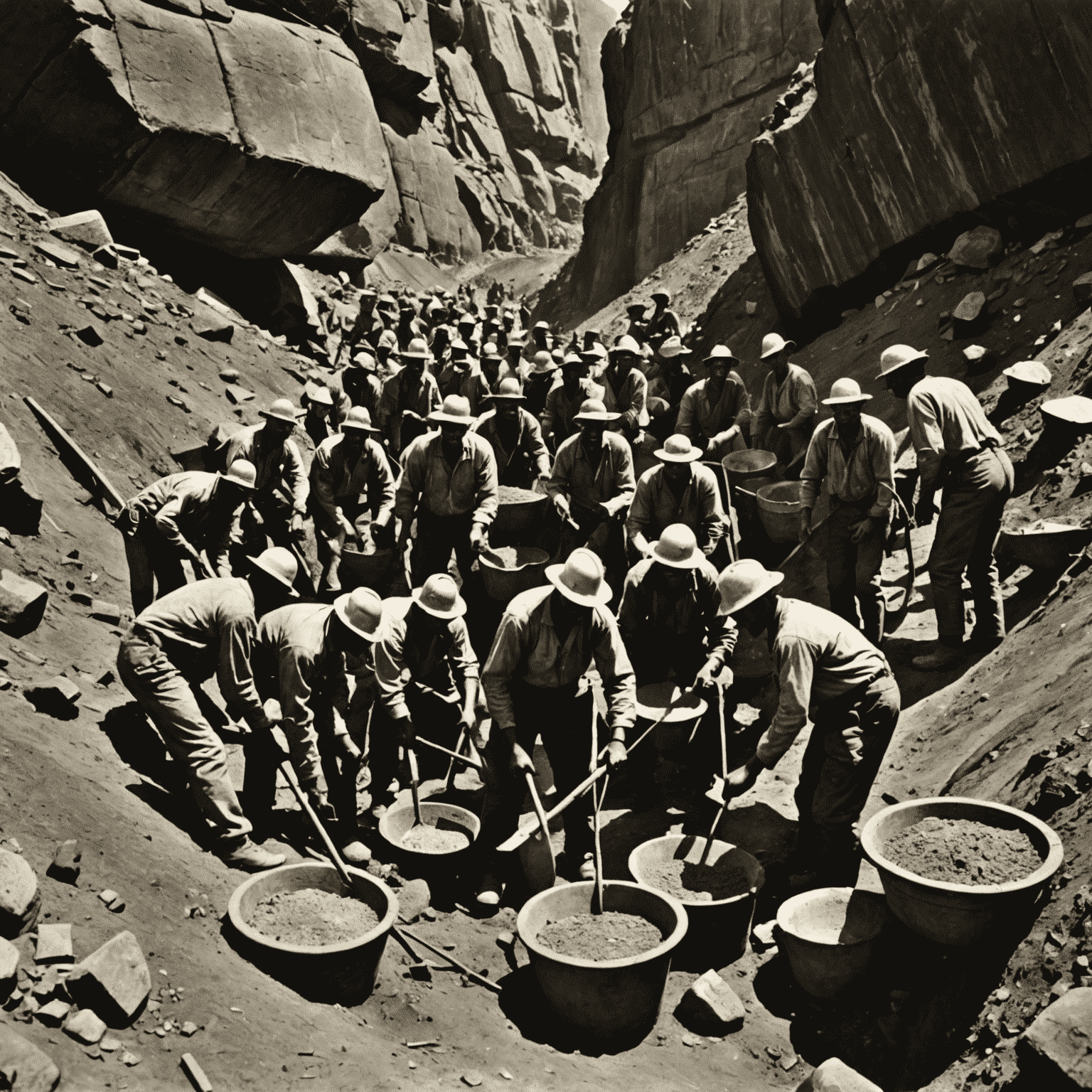 A historic photograph depicting gold mining operations in South Africa, with miners working underground and processing the ore