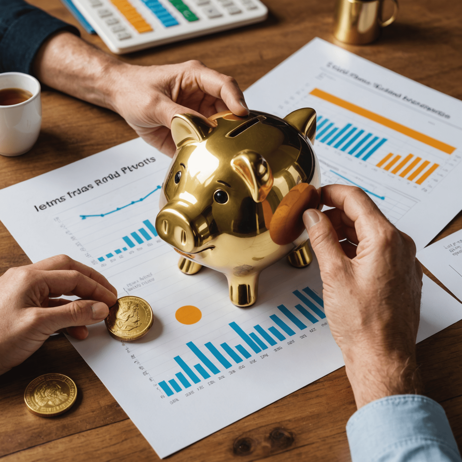 A person's hands holding a gold coin, a piggy bank, and a chart, representing investment strategies