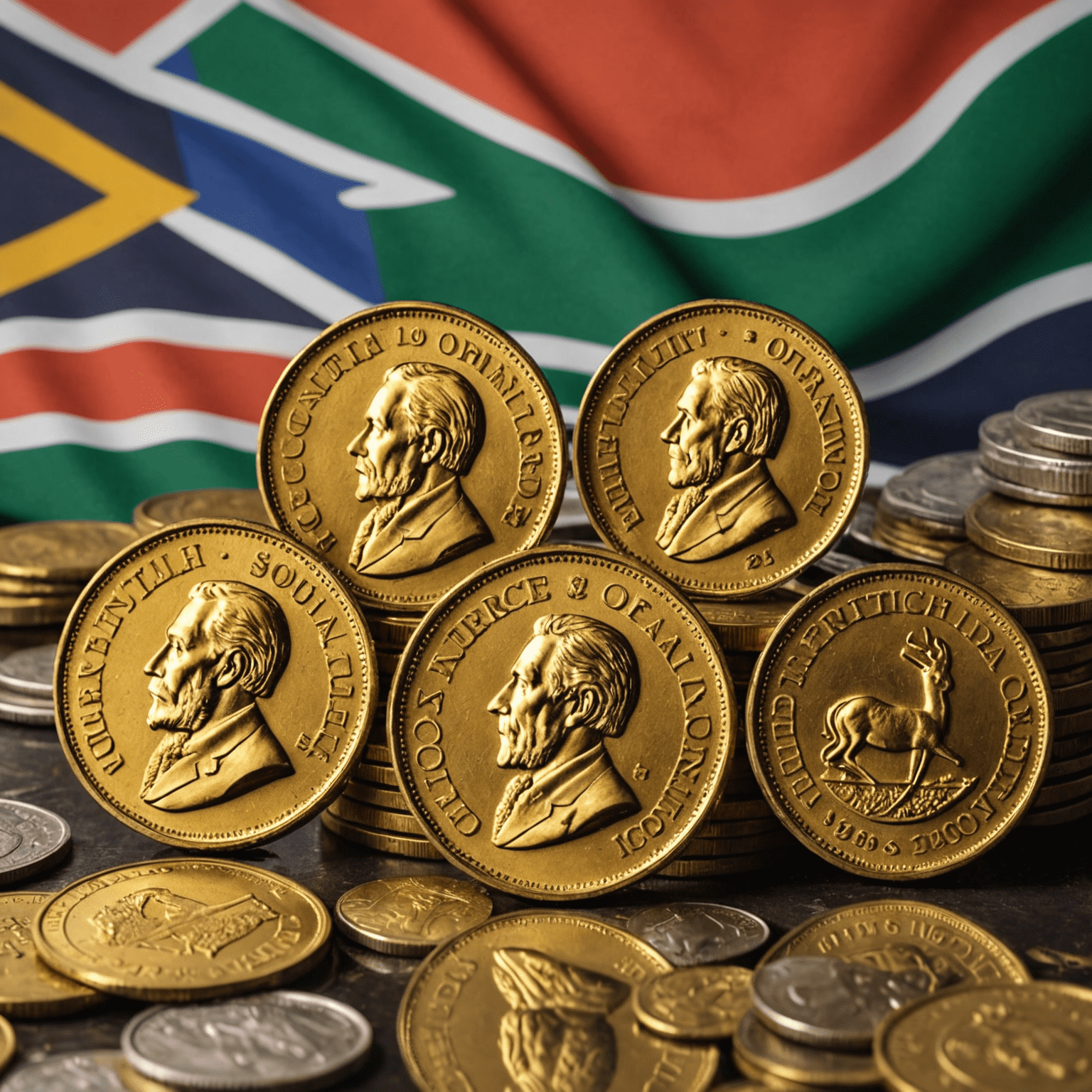 A display of historic South African gold coins, such as the Krugerrand, against a backdrop of the South African flag and landmarks, symbolizing the country's rich gold mining heritage.