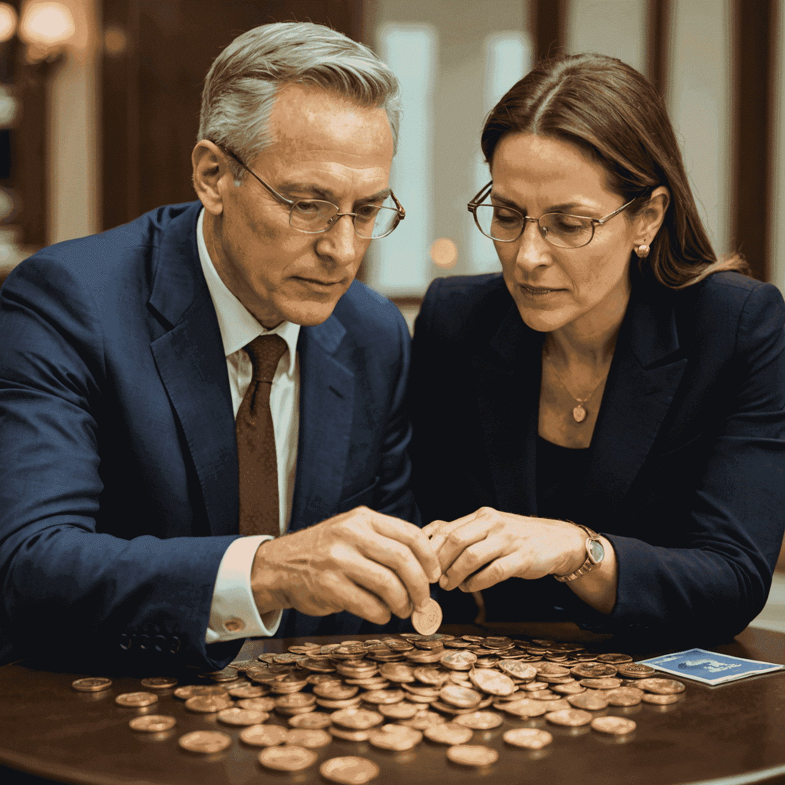 An expert financial advisor discussing gold coin investment strategies with a client, showcasing a diverse portfolio of gold coins from various countries and time periods.